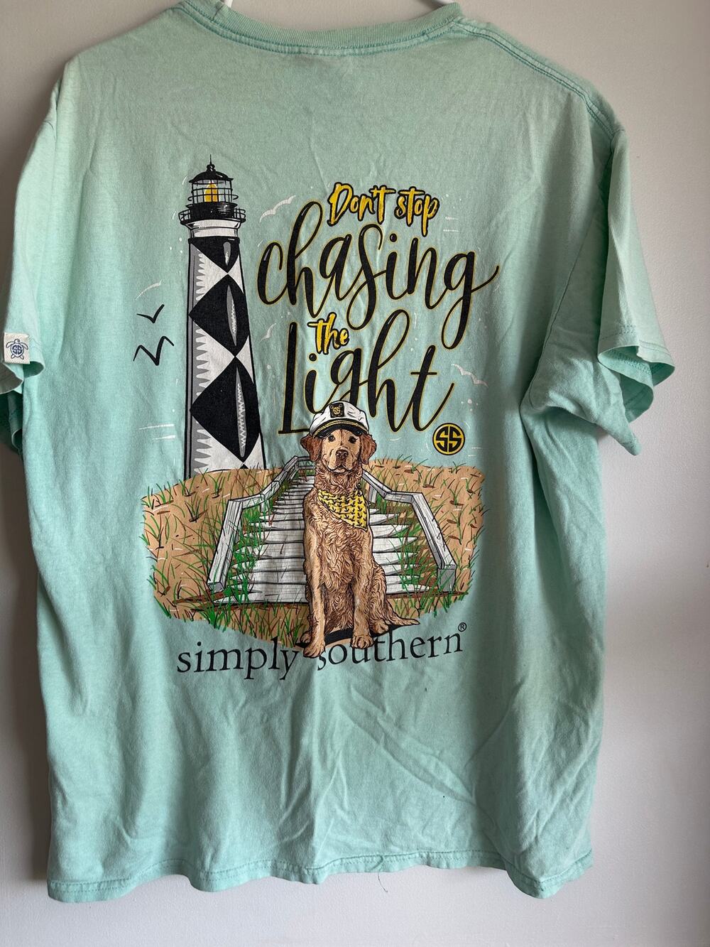 Simply Southern Chasing The Light Lighthouse Dog T-Shirt Mint Green Large